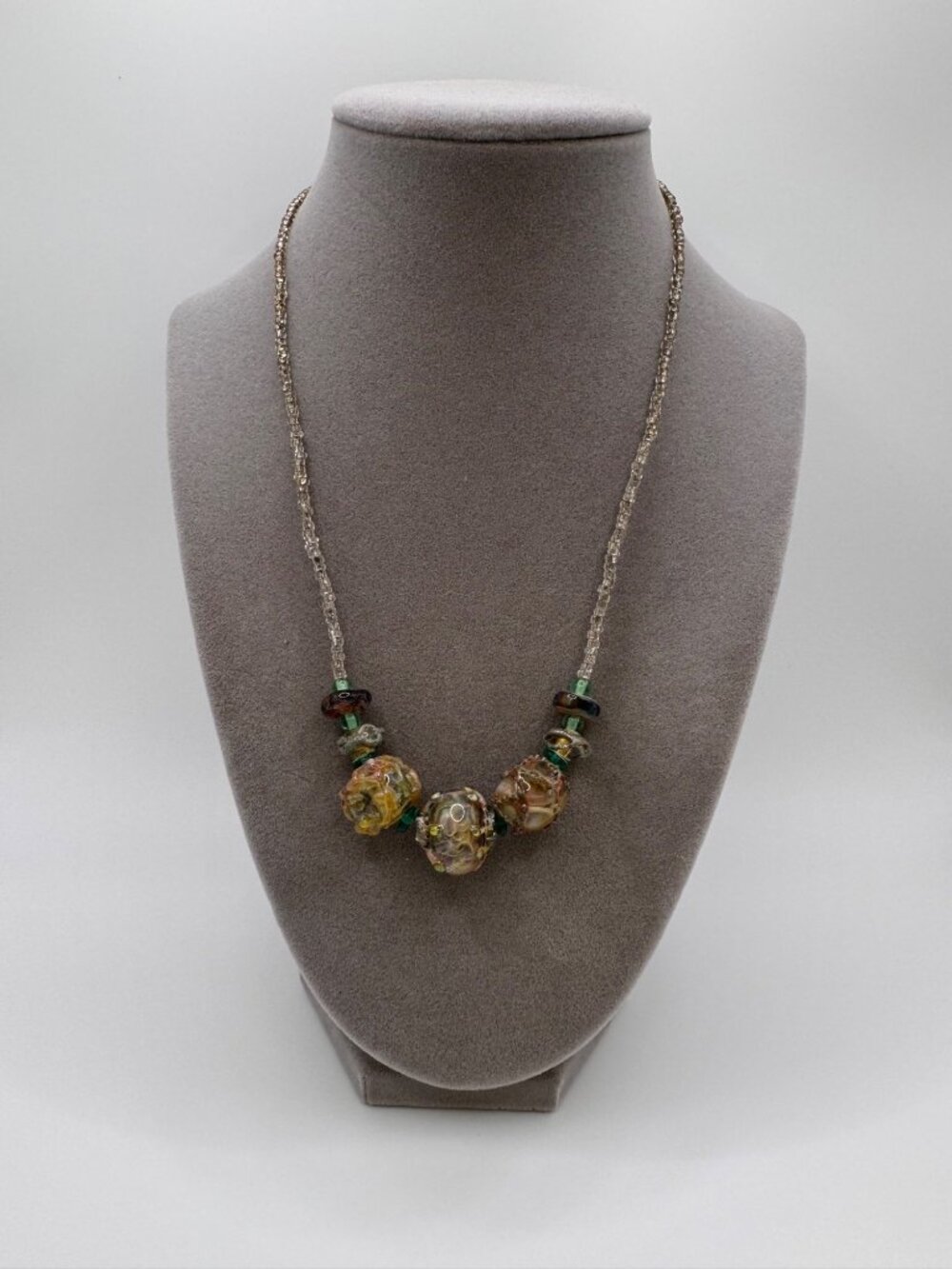 Vintage Lampwork Glass Necklace Marbled Swirl Art Bead Statement 17 Inch